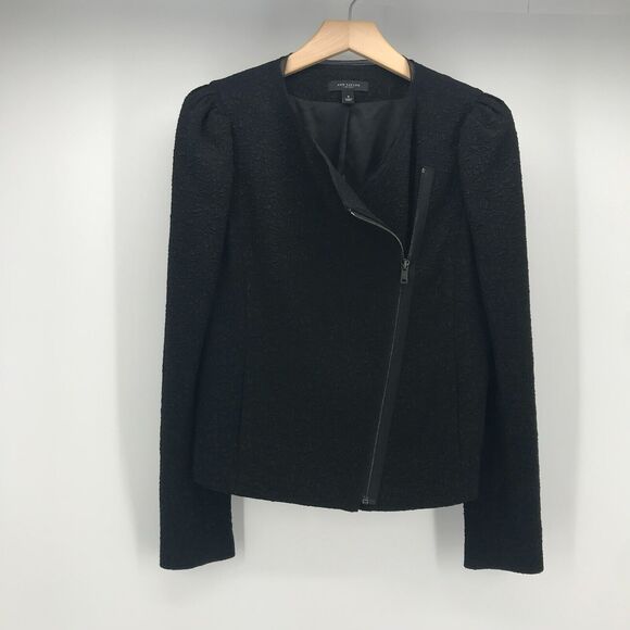 Ann Taylor Blazer Womens 8 Black Textured Fabric Moto Zip Front Pockets Modern - Picture 6 of 10
